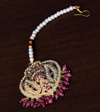 Ruby Stone and Pearl Embellished Designer Jadau Maang Tikka for Women 1