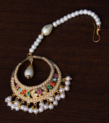 Navratan Stone and Pearl Embellished Designer Jadau Maang Tikka for Women 1