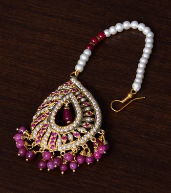 Ruby Stone and Pearl Embellished Designer Jadau Maang Tikka  1