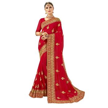 Red embroidered georgette saree with blouse 1