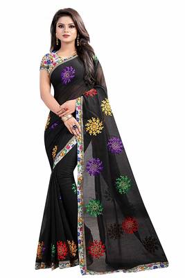 Black Embroidered Cotton Saree With Blouse 1