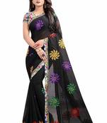 Black Embroidered Cotton Saree With Blouse