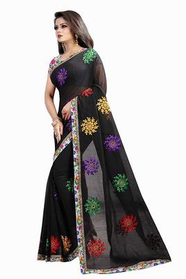 Black Embroidered Cotton Saree With Blouse 2