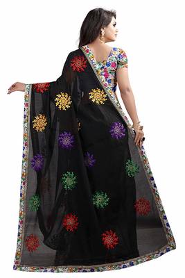 Black Embroidered Cotton Saree With Blouse 3