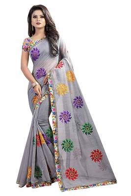 Grey Embroidered Cotton Saree With Blouse 1