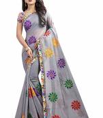 Grey Embroidered Cotton Saree With Blouse