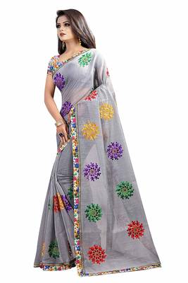 Grey Embroidered Cotton Saree With Blouse 2