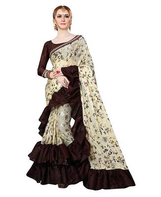 Beige printed lycra saree with blouse 1