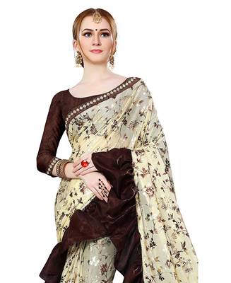 Beige printed lycra saree with blouse 2