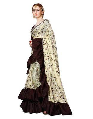 Beige printed lycra saree with blouse 3