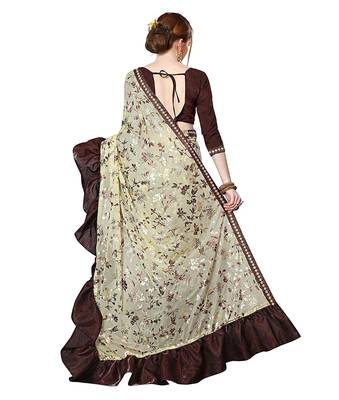 Beige printed lycra saree with blouse 4