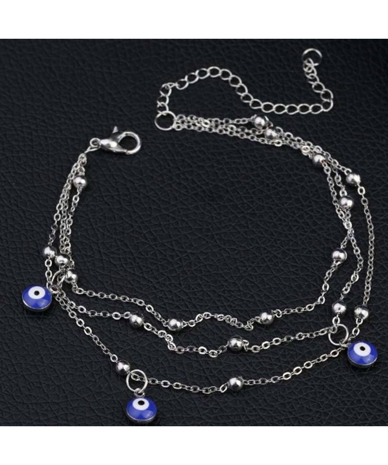 Silver Evil Eye Multi Layered Anklet