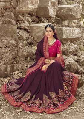 Wine embroidered satin saree with blouse 1