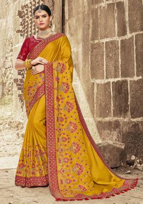 Mustard Embroidered Satin Saree With Blouse 1