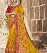 Mustard Embroidered Satin Saree With Blouse