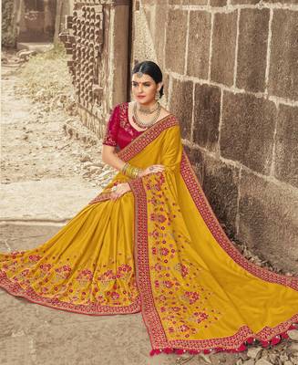 Mustard Embroidered Satin Saree With Blouse 2