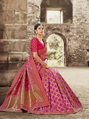Rani Pink Embroidered Banarasi Saree With Blouse 1