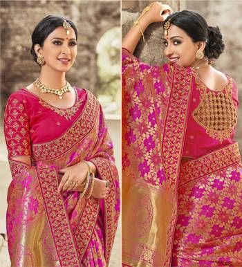 Rani Pink Embroidered Banarasi Saree With Blouse 2