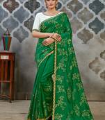 Dark Green Printed Silk Saree With Blouse