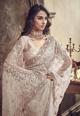 Ivory embroidered net saree with blouse 3