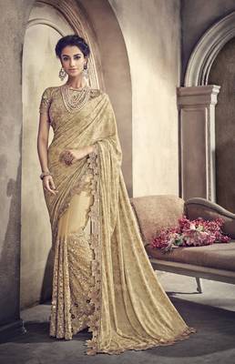 Light yellow embroidered net saree with blouse 1