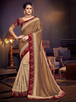 Chiku embroidered satin saree with blouse 1