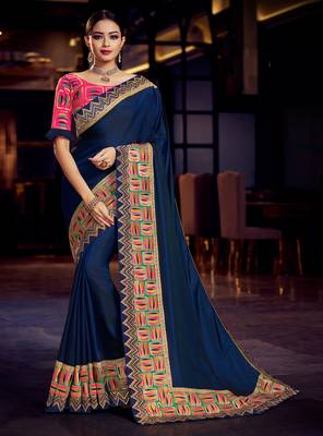 Blue Embroidered Satin Saree With Blouse 1