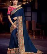 Blue Embroidered Satin Saree With Blouse