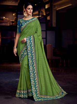 Green embroidered satin saree with blouse 1