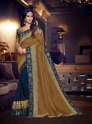 Blue embroidered satin saree with blouse 1
