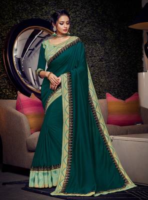 Teal Embroidered Satin Saree With Blouse 1