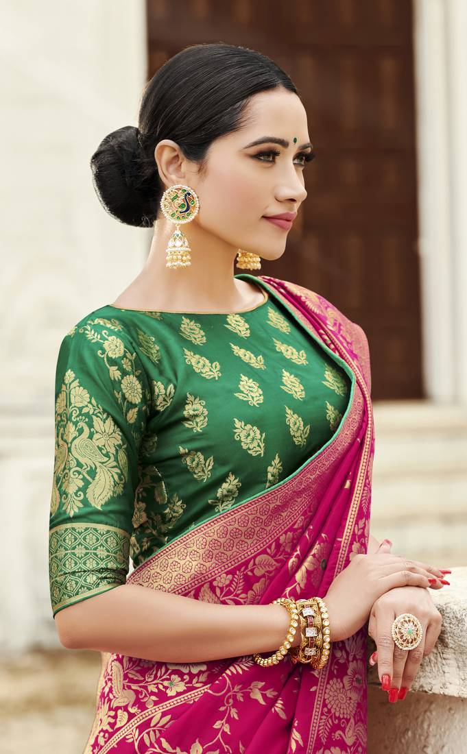 Rani pink woven silk saree with blouse