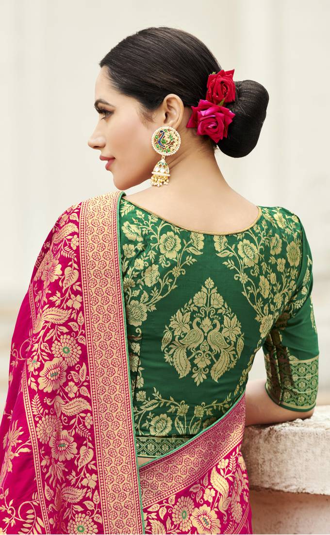 Rani pink woven silk saree with blouse