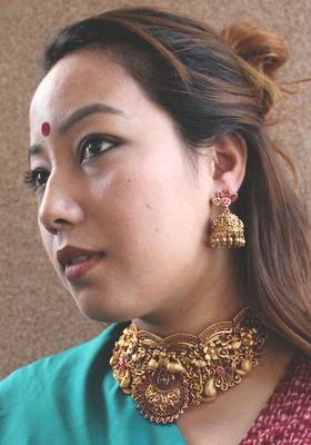 Ruby Red Temple Work Choker Necklace Set 1