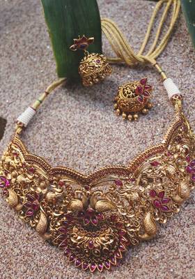 Ruby Red Temple Work Choker Necklace Set 3