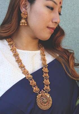 Red And Green Intricate Temple Work Necklace Set 1
