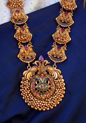 Red And Green Intricate Temple Work Necklace Set 2