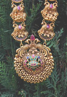 Red And Green Intricate Temple Work Necklace Set 3