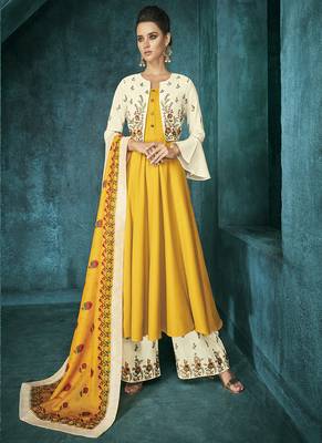 Yellow Embroidered Pure Silk Palazzo Suits 1