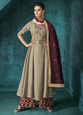 Beige embroidered pure silk palazzo suits 1