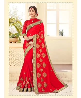 red embroidered satin saree with blouse 1