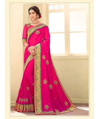 pink embroidered satin saree with blouse 1