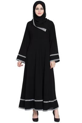 Black Plain Crepe Full Umbrella Abaya With Hijab 1