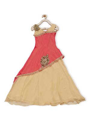 Beige Embroidered Faux Georgette Kids Gowns 1