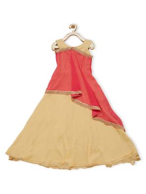 Beige Embroidered Faux Georgette Kids Gowns 2