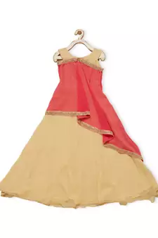 Beige Embroidered Faux Georgette Kids Gowns