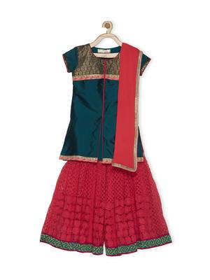 Green Embroidered Taffeta Kids Salwar Suits 1