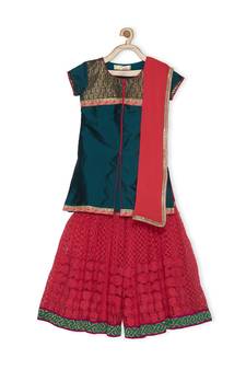 Green Embroidered Taffeta Kids Salwar Suits