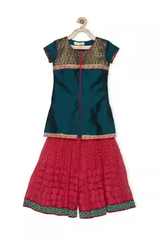 Green Embroidered Taffeta Kids Salwar Suits