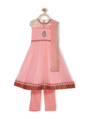 Pink Embroidered Net Kids Salwar Suits 2